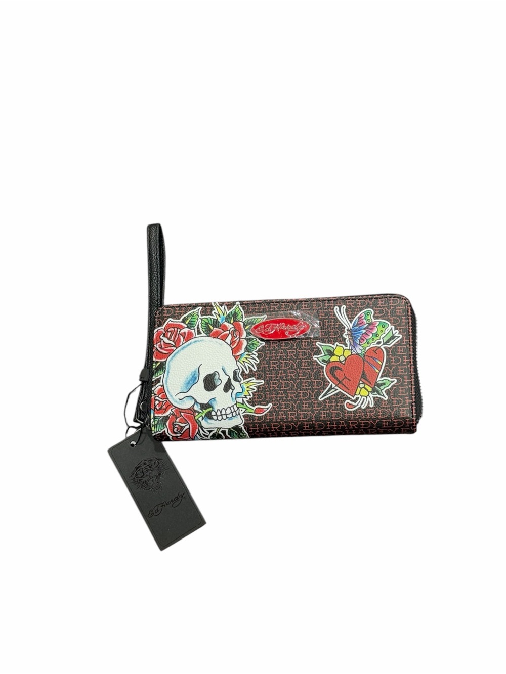 Ed Hardy Brown Zip Wristlet with Multicolor Skull & Heart Graphics